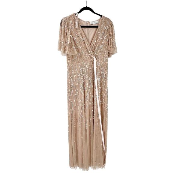 Mac Duggal Embellished Flutter Sleeve Wedding Guest Maxi Gown Nude Size 10 NWT - Picture 5 of 12